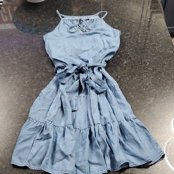 Saks Fifth Avenue Blue Denim  Sleeveless Dress With Belt Tie - Picture 1 of 7
